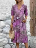 Fongt Fashion New Printed Lace V-Neck Short-Sleeved Dress