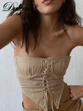 Lace Up Women Patchwork Tube Tanks Bodycon Skinny Sexy Streetwear Party Club 2023 Autumn Winter Festival Crop