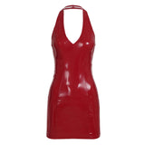 Fongt Nightclub Style Sexy V-Neck Hanging Neck Tight-Necked Short Bright Leather Solid-Colored Dress 2025 New
