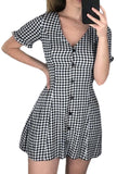Fongt Women's Temperament Lattice V-Neck Thin Buckle Short Sleeve A-Character Dress Short 2025
