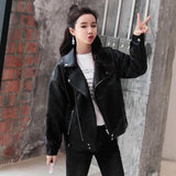 Fongt Leather Female Short Coat Loose Bf Korean Version Of Students 2024 Spring And Autumn New Haining PU Leather Jacket Handsome-Outfit