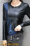 PU Leather T Shirt Women Autumn Winter Tee Shirt Pullover Patchwork T Shirts Long Sleeve Top Warm Woman Clothes