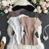 Women V-neck Knitted Short Sleeve Draw String T-shirts Crop Tops Girls Knitting Stretchy Cropped Sheath Tee Shirts For Female-Outfit