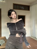 Sexy Off Shoulder Sweaters Women Autumn Slim Fit Double Zipper Knitted Cardigan Y2k E-Girl Long Sleeve Tops Mujer-Outfit