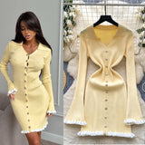 Fongt Luxury Famous Knitted Dress Woman Autumn Wooden Ear Over The Collar To Slim Beautiful Sister Mid-Long Dress