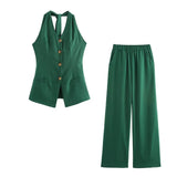 Fongt Fragrant Cotton Lint Neck Vest Set Of Women's Summer With Light Luxury High-End Trousers Two Sets