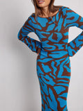Fongt Women's Sexy Knitted Leopard Print Long-Sleeved Dress Sweater Long Dress