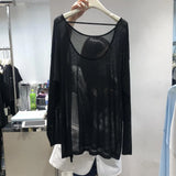 T-shirt Loose Large Size Is Thin Round Neck Open Back Thin Section Slightly Transparent Slit Long-sleeved