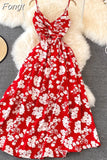 Women Beach Long Dress Summer Sexy V Neck Spaghetti Strap Backless Boho Floral Dresses Woman A-line High Waist Party