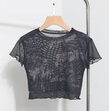 Vintage Wood Ear-Print Letter-Printing Mesh T-Shirt Summer Thin Short-Navel Blouse