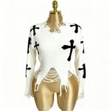Fongt Hole Tuxed Sweater Dark Long Sleeve Loose Knitted Shirt