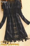 Women Slim Thin Lace Jakcet Chaqueta Mujer New 2023 Summer Long Sleeve Hollowing Tassels Medium Long Cardigan Womens