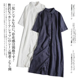 Fongt Linen Dress Women Spring And Autumn New Simple Collar Loose Short-Sleeved Cotton Shirt Dress
