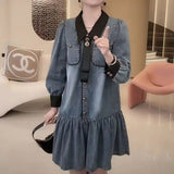 Clothing Pockets Patchwork Denim Dresses Korean Spring Autumn Long Sleeve Casual Loose Turn-down Collar Button Midi Dress-Outfit