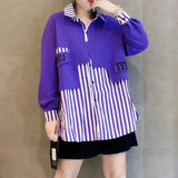 Loose Striped Patchwork Shirt Women's Clothing Turn-down Collar 2023 Spring Autumn Single-breasted Korean Casual Blouse-Outfit