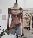 Fongt Shooting Lace Splicing Oblique Shoulder Thin Tie-Dye Mesh T-Shirt Girl T-Shirt T-Shirt Shawl T-Shirt 9986