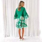 Fongt Summer New V-Neck Print Horn Sleeve Loose Short Dress Woman
