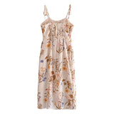 France Floral Print Adjust Lacing up Spaghetti Strap Midi Dress Sexy Women Elastic Back Hem Split Sling