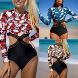 2025 New Sexy Bikini Women's Jumpsuit Digital Print Long-Sleeved Sunscreen High-Rise
