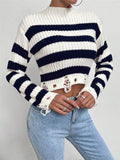 Fongt Women's Clothing Fashion Round Collar High-Waist Short Striped Knitted Short Sweater
