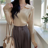 Fongt POLO Collar Apricot Sweater Female Autumn 2023 New Korean Version With Long-Sleeved Sweater Student Jacket
