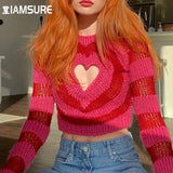 Heart Shape Hollow Out Sweaters Sweet Cute Sexy Long Sleeve O-Neck Knitted Pullovers Women 2021 Winter Casual