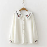New Floral Embroidered Button Up Chiffon Blouse Long Sleeve Peter pan Collar Shirt Sweet Girls Loose Plus Size Top
