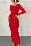 Autumn Ruched Y2K Clothes Long Sleeve Backless O-Neck Bodycon Midi Dresses For Women 2023 Club Birthday Party