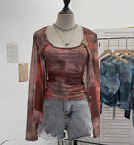 Fongt Babes Tie-Dye Net Yarn Sunscreen Cardigan Two Sets Of Sling Vest + Long-Sleeved Shirt Top 8056