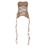 Fongt Summer Women's One-Word Collar Lace Wrapped Chest Mesh Crop Slim-Outfit