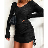 Fongt Knitted Sweater V Collar Long Sleeve Autumn And Winter Sexy Body Threaded Skirt Folding Drawstring Skirt