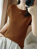 Fongt Temperament Bat Sleeve Short-Sleeved T-Shirt For Women's 2024 Summer Wear New Black Ice Silk Knitted Shirt Loose Word Collar