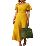 Fongt Women's Clothing 2025 Summer New Temperament To Close The Waist Thin Lotus Leaf Side Short-Sleeved Pressure Skirt Dress