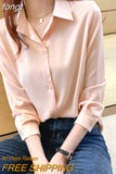 Women's Silk Shirts V-neck Solid Laides Tops Womens 2023 Spring Fashion Satin Long Sleeve Blouses Button Up White OL Vintage