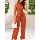 Fongt Summer Knitting Casual Suit Sleeveless Round Collar Short Repair Body Broad Leg Pants Two Sets