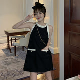 Women's dress Minimalist dress Patchwork Round neck Small stature Hanging neck-Outfit