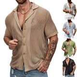 Fongt Men's Summer Cool Shirt Men's Casual Knit Hollow Out Breathable Short Sleeved Lapel Fashion Men's
