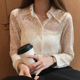 Chic Floral Embroidery White Blouse Women Elegant Spring Lace Bottoming Shirt New Fashion Long Sleeve Hollow Top