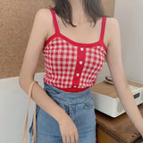 Plaid Crop Top Women's Club Tank Tops Buttons Camis Knitting Sleevless Camisoles Tube Top Bralette Sexy Ladies Summer Tanks-Outfit