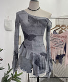 Fongt Tie Net Yarn Oblique Shoulder Babes Sexy Body-On-Sleeve Horn Irregular Top 9955