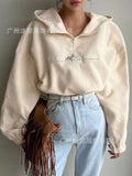 Fongt Ladies Plush Hooded Zippered Jacket Embroidery Rock Grain Velvet