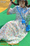 Women Kawaii Puff Sleeve Patchwork Print Mid-calf Casual Loose Korean Style Empire New Arrivals Popular Peter Pan
