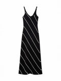 Fongt Women's Fashion Elegant Crochet Sling Dress V-Neck Striped Sexy Wisted Dress