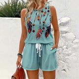 Fongt Summer New Feather Printed Casual Fashion Round-Neck Shorts Set For Women