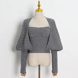 Casual Knitted Women's Suit Square Collar Sleeveless Top Solid Long Sleeve Coat Slim Two Piece Set Women 2021