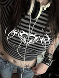 Dark Emo Graphic Striped Gothic Basic T-shirts Women Grunge Short Sleeve Bodycon Crop Tops Punk Alternative Clothes