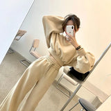 Womens Sportswear Suits Cotton Autumn Korean Loose Lantern Sleeve Pullover Casual Straight Leg Pants Two Piece Sets Sports