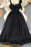 Black Long Dress Summer Women Mesh Tutu Polka Dots Lace Party Dresses Ladies Slim A-line Vintage Maxi Dress