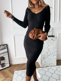 Wise Hot Style Autumn And Winter V-Collar Solid Color Long Sleeve Pit Strip Dress Women's Clothing-Outfit