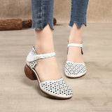 Genuine Leather Women Sandals Summer Shoes 5CM High Heels Retro Women Shoes 2021 Hollow Out